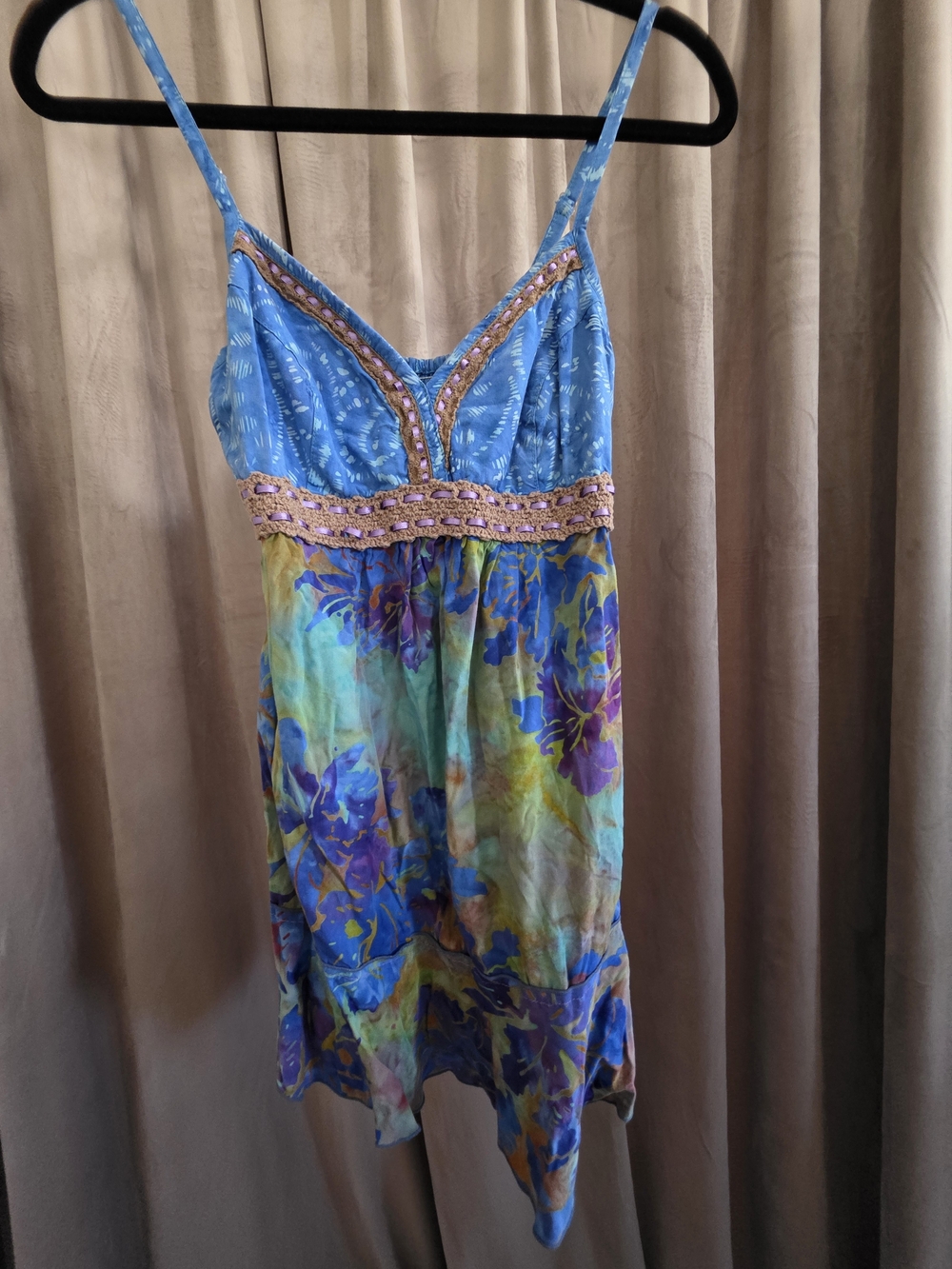 Santiki Blue Floral Babydoll Halter Mini Dress Size S Boho Festival